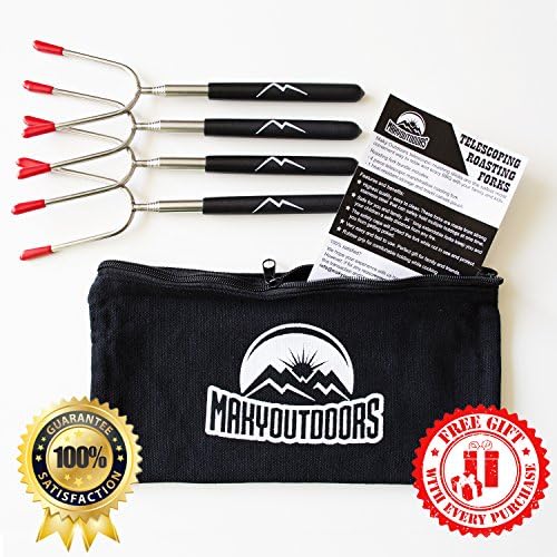 Marshmallow Roasting Sticks & BBQ, Grilling & Camping Smores Skewers Set Of 4 By Maky Outdoors โ Stainless Steel โ Comfortable,PVC Handle,34โโ Long Telescoping Design โ Storage Pouch