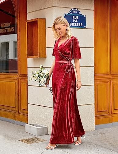 MEROKEETY Women's Velvet Maxi Dress 2024 Boho Wrap Cocktail Party Wedding  Guest Formal Dresses