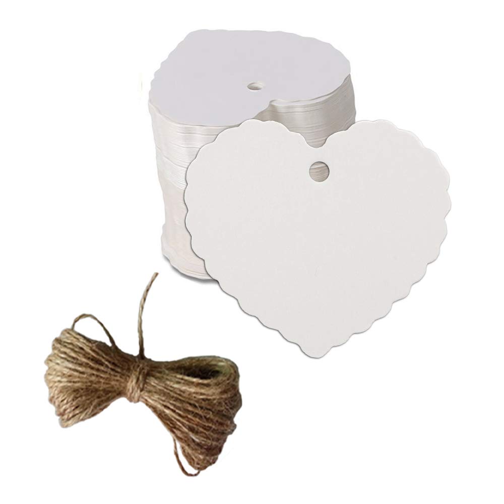 200pc Peach Heart Shape Kraft Paper Tags, CRIVERS Gift Tags/Hang Tags with Free Natural Jute Twine for Christmas Wedding Thanksgiving Birthday Holiday Party Favors (White)