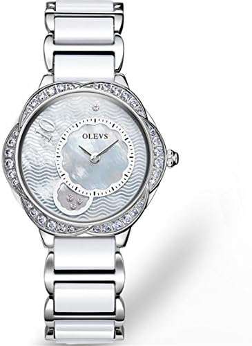 OLEVS white/ blue mother-pearl Ocean Dial Quart Accented Caremic Band Wristwatches, Flowers Round Bezel
