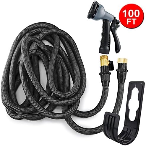 2017 New Improved Expanding Garden Hose - 100' Black Expandable Hose With All Brass Connectors - 8 Pattern Spray Nozzle And High Pressure