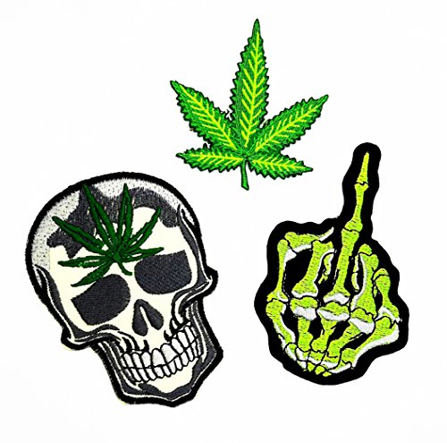 PP Patch Set 3 Skull Middle Finger Skeleton,Marijuana Leaf Pot Weed,Skull Weed Marijuana Leaf Patch for Bags Jacket T-Shirt Embroidered Sign Badge Costume DIY Applique Iron on Patch