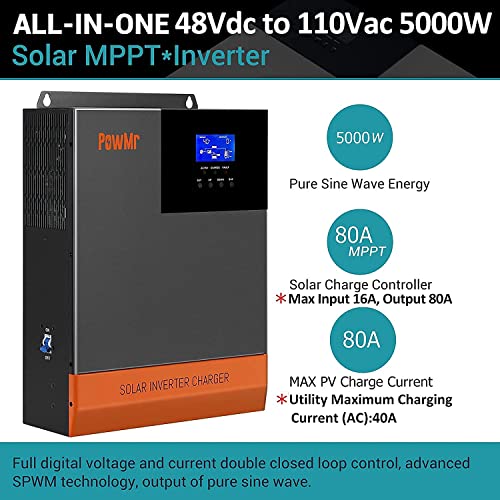 PowMr 5000W OffGrid Solar Hybrid Inverter 48V DC to 110V AC, 5KW Pure