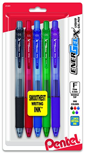Pentel EnerGel-X Retractable Liquid Gel Pen, 0.5mm, Needle Tip, Assorted Ink, Pack of 5 (BLN105BP5M)