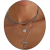 Rrdaily Layered Zircon Heart Bow Pendant Necklaces for Women,Vintage Stackable Love Bowknot Cuban Chains Necklace,Charm Christmas Jewelry Accessories Gifts
