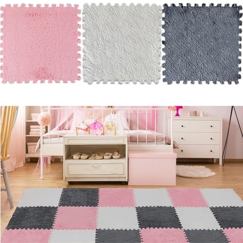 AM ANNA 12 Pcs Plush Interlocking Carpet Tiles，Soft Non-Toxic Foam Carpet Tiles for Toddler Baby，Machine-Washable，Anti-Slip，EVA Foam Interlocking Tiles for Floor, Nursery (Pink Grey White, 12 Pcs)