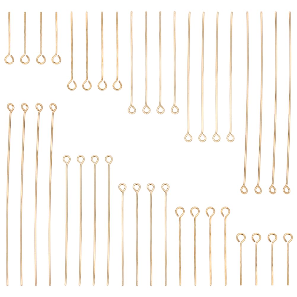 SUNNYCLUE 1 Box 100Pcs 20/30/40/50/70mm jewellery Eye Pins Gold Head Pin Bulk Real 18K Gold Plated Brass Open Eyepins Small Flat Earring Findings Pins for jewellery Making Earring Bracelet Supplies DI