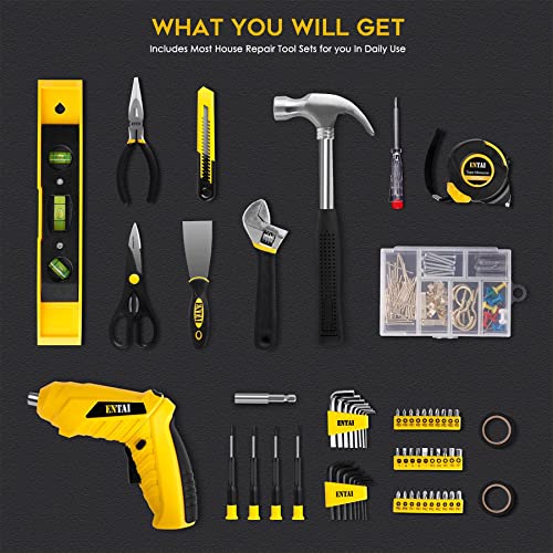 ENTAI Tool Kit for Home, Basic Tool Kit with 3.6V Cordless Screwdriver