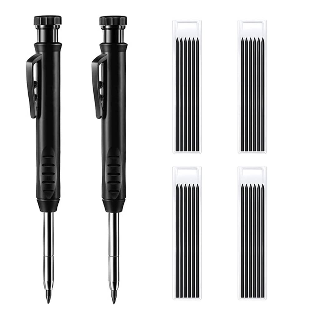 Solid Carpenters Pencil with Pencil Refills, Long Nosed Deep Hole Mechanical Pencils with Built-in Sharpener for Making Scribering Woodworking (Black)