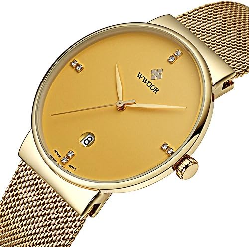 Mens Minimalist Watch Gold Bezel Mesh Bracelet Watch Waterproof Big Face Stainless Steel Watches for Men