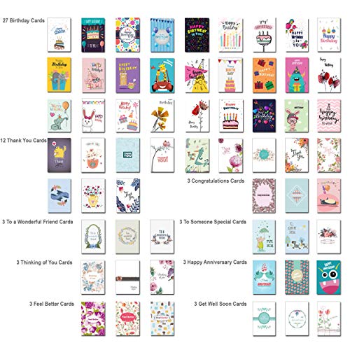 60 Pack Assorted All Occasion Greeting Cards - 60 UNIQUE DESIGN, BIG 5" x 7", Happy Birthday, Get Well, Thank You, Congratulations, Message Inside, Magnetic Bulk Box Set Variety Pack w/Thick Envelope