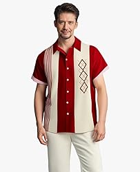 Bowling Shirts for Men Red Geometric Print Short
