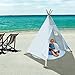 JOYNOTE Teepee Kids Tent with Thick Mat & Carry Case & Decorations Star Stickers & Flag - 5 Wooden Poles Canvas Tipi (White)