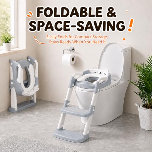 Adaptador Wc Niños - Reductor Wc Niños - Pedal Ampliado y Antideslizante | Fácil de Montar y Guardar | Altura Ajustable | Protector Antisalpicaduras | Asa | para Niños Niñas en el Baño - Gris