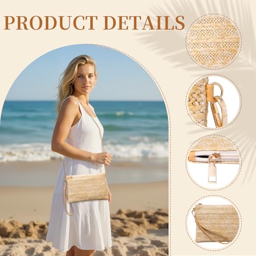 Larcenciel Women's Raffia Bag, Women's Shoulder Bag with Removable Wristlet and Chain, Beach Bag