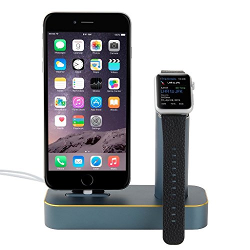 KoiikoÂ® Portable Dual Use 2 in 1 Design Charging Stand Charger Cradle Dock Platform for Apple Watch iWatch 38mm & 42mm and iPhone 5 5S 5C iPhone6 iPhone 6 Plus , High Quality Luxury Durable Tough Aluminum Station and Special Cutout for Apple Watch Charger and Cable , Essential Choice for Home Shopping Mall and Counter Display (Apple Lightning USB Charger Cable Include) Blue