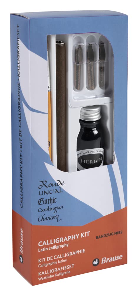 Brause 147B - A calligraphy kit including 3 Bandzug nibs (1.5mm, 2.5mm and 3mm), a wooden nib holder, a brush, a bottle of black ink and instructions. — image 1