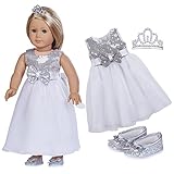 18 Inch Doll Clothes (Silver Sequins Evening Dress with Glittery Silver Bow Flat and Embellished Crown) Fits 18