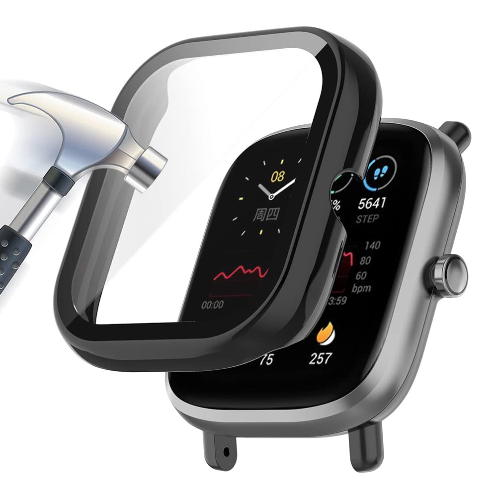 Acadeny Case With Tempered Glass Screen Protector Compatible for Bip u/u pro/pop/pop pro, 9H Hardness 360 ° All-round Protective Cover Ultra-thin Protective PC Case Cover for, Black