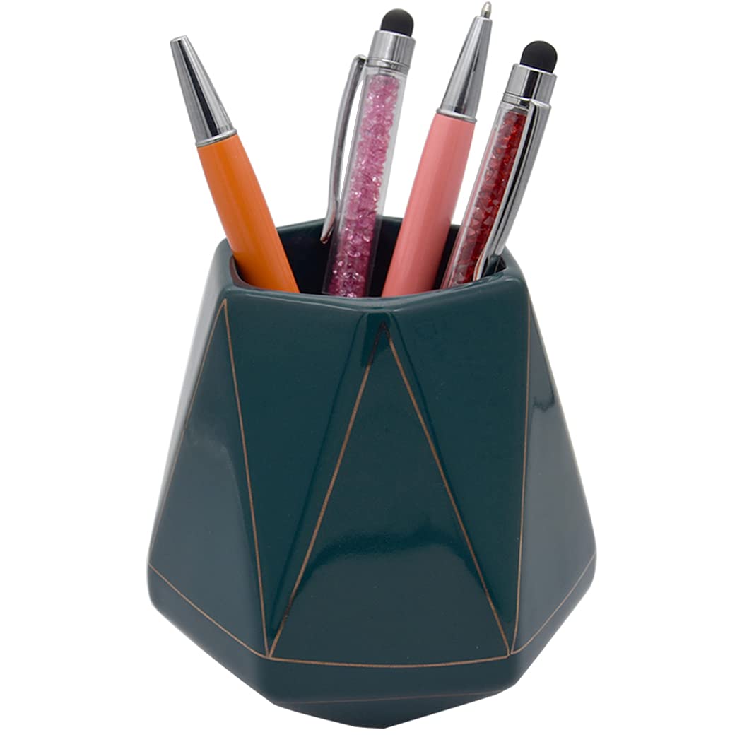 Hoshen Ceramic Geometric Polyhedron Pen Holder, Golden Striped Line, For Desk Use, Cosmetic Brush Holder, Ceramic Pen Holder, Suitable for Home 、Office，Emerald Green