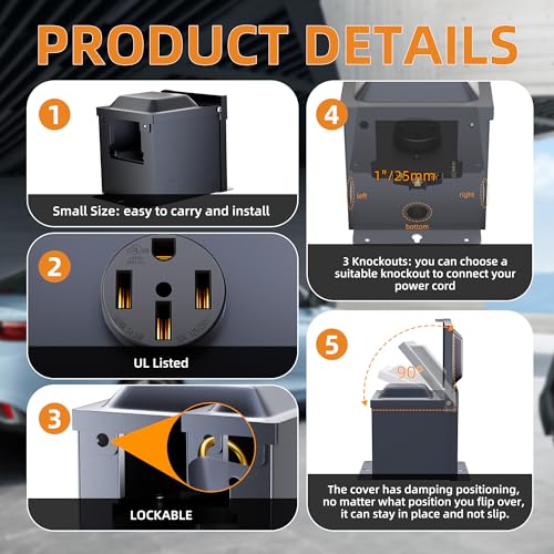 Joinfworld 50 Amp RV Power Outlet Box, 125/250V NEMA 14-50R RV Receptacle UL Listed, Weatherproof Lockable Power Outlet Panel for RV Camper Trailer Motorhome