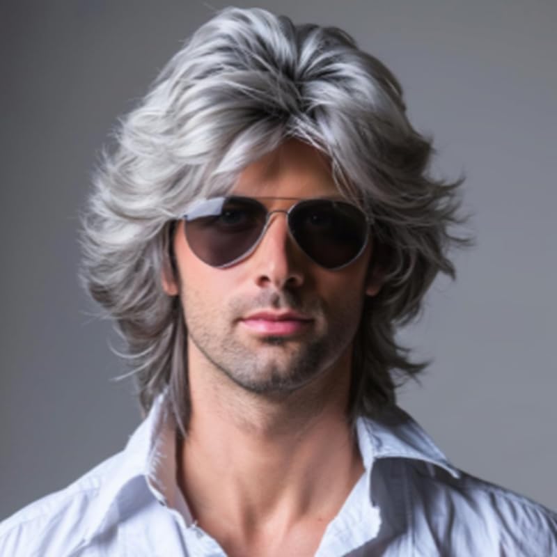 Qnbiar Mens Wig Rocker Grey Wig Short Layered Fluffy Synthetic Halloween Cosplay Costume Hair for Males