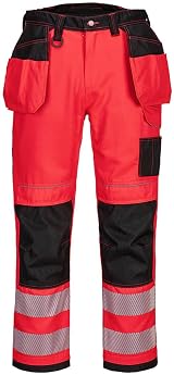 Portwest T501 PW3 Hi Vis Trousers Red Black 12 Pockets Hammer Loop Kneepads