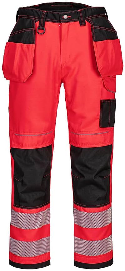 Portwest T501 PW3 Hi Vis Trousers Red Black 12 Pockets Hammer Loop Kneepads