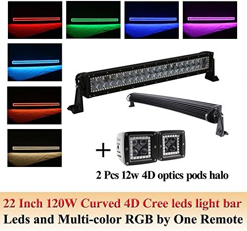 22Inch 12W Curved NKLighting 4D Lens Cree led offroad lighting bar with Multicolor RGB halo ring+2Pcs 4D Square light halo for Jeep Cabin Boat SUV Truck Car+Swicth wireharness