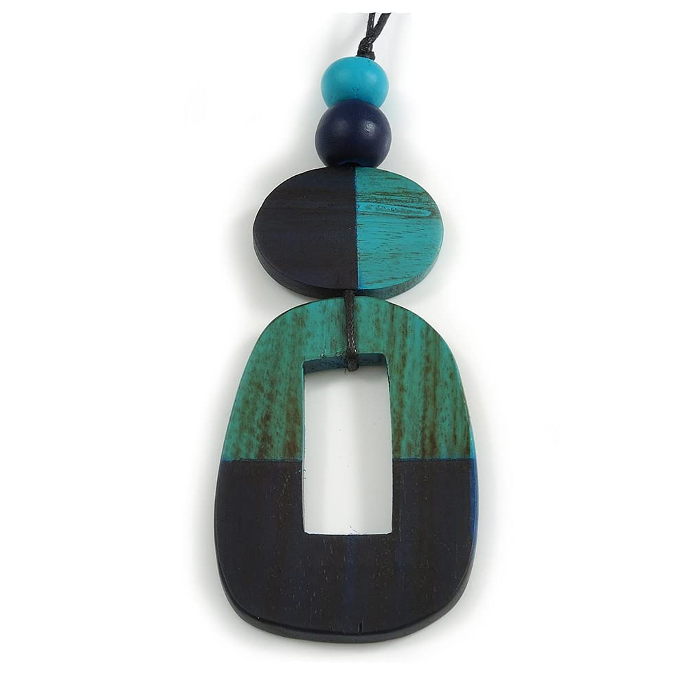 Avalaya O-Shape Blue/Turquoise Painted Wood Pendant with Black Cotton Cord - 88cm L/ 13cm Pendant