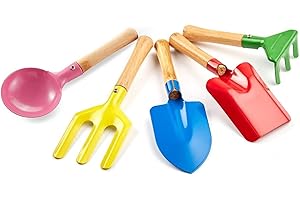 DELPHINUS Kids Gardening Tools Set, 5PCS Gardening Tools for Kids Metal with Sturdy Wooden Handle Safe Gardening Tools 8" Children Beach Sandbox Toy