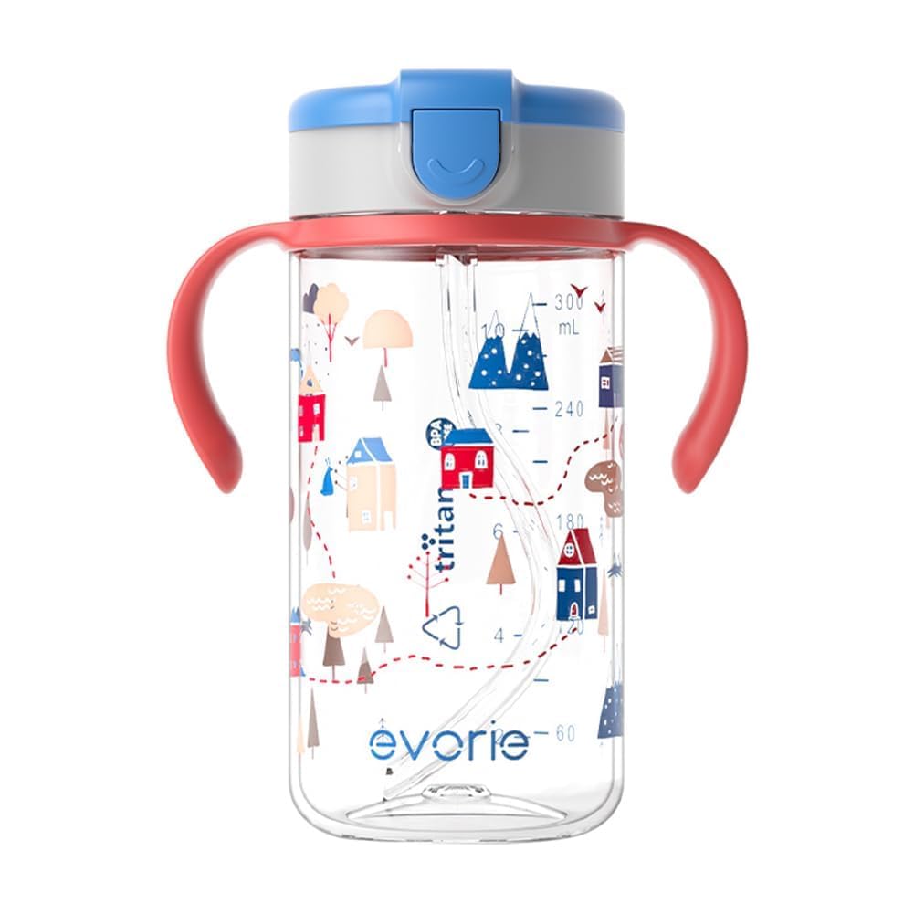 Evorie Tritan Spill Proof Toddler Straw Sippy Cup, 10 oz for Baby and Toddlers 1-3 Years Old, No Spill Straw Water Bottle with Removable Handles, Ideal for School, BPA-Free, Happy Valley