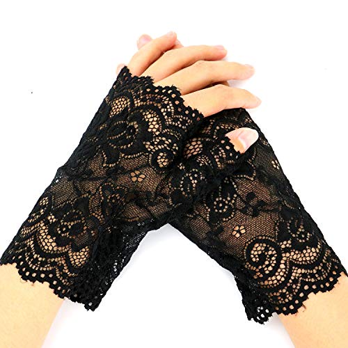 Buorsa Black Short Lace Half Finger Gloves UV Protection Fingerless Gloves Women's Floral Lace Gloves Party Driving Wedding - Thumbnail 3