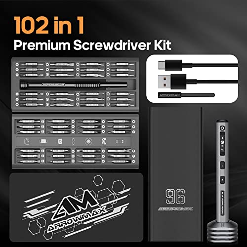 102 in 1 Electric Screwdriver, AM ARROWMAX Cordless Precision Screwdriver Set with 96 Magnetic Bits, Rechargeable Portable Electronic Screwdriver Set for Phone Laptop Camera Watch Computer (SES PLUS)