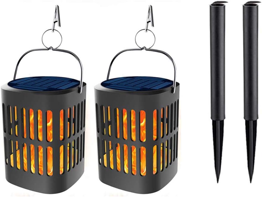Fmingdou 2 Pcs Solar Lanterns Lights Flickering Dancing Flames Hanging Lanterns Solar Powered and USB Charging Flame Lights Outdoor Waterproof Decoration Lighting Dusk to Dawn Auto on/Off