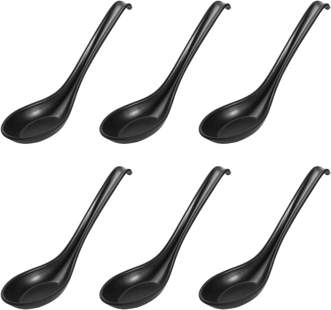 LATRAT Pack of 6 Melamine Soup Spoons Asian Soup Spoons Rice Spoon with Long Handle for Wonton Soba Rice Pho Ramen Noodles