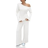 Tankaneo Womens Off the Shoulder 2 Piece Outfits Sweater Sets Bell Sleeve Tops Pants Casual Trendy Matching Lounge Sets