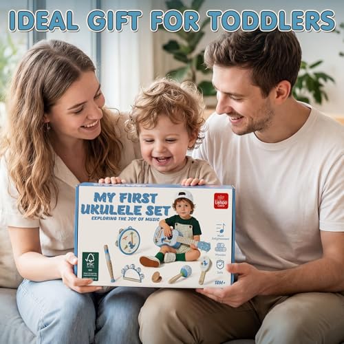 Lehoo Castle Children's Guitar 2 3 Years with Musical Instruments, Wooden Ukulele with Tambourine, Flute, Maracas and Rattle, Montessori Educational Musical Toy Games