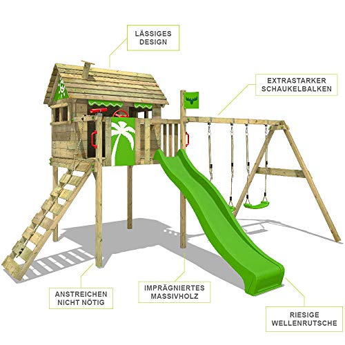 Fatmoose Spielturm Klettergerüst FunFactory mit Schaukel & grüner Rutsche, Stelzenhaus mit Leiter & Spiel-Zubehör – Bild 3