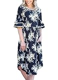 Elapsy Womens Casual Ruffle Sleeve Boho Floral Print Pockets Skater A Line Midi Dress