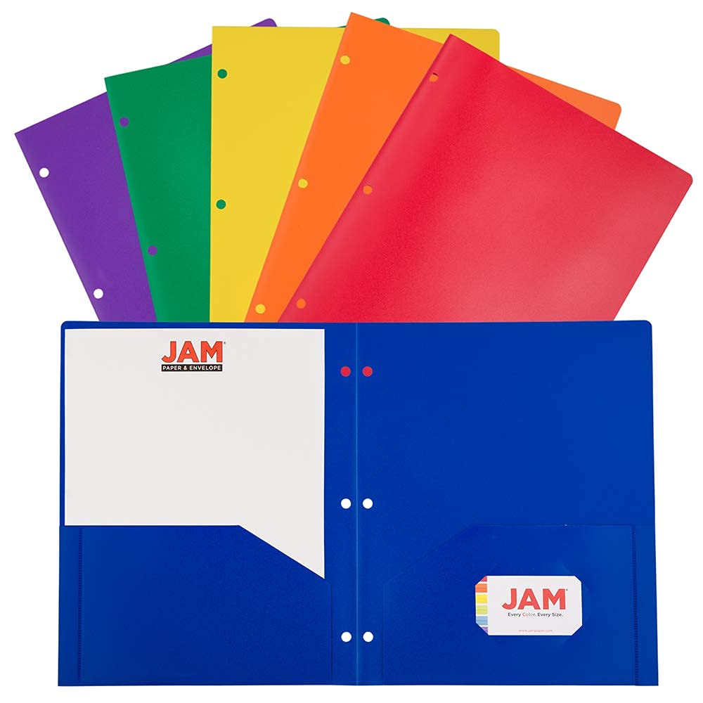 JAM PAPER Plastic 2 Pocket School POP Folders with 3 Hole Punch - Assorted Primary Colours - 6/Pack