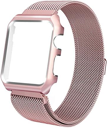 Conelelife For Apple Watch Band 38mm Strong Magnetic Milanese Loop Stainless Steel iWatch Band with Metal Protective Screen Bumper Case for Apple Watch Series 3 2 1 Nike+ Sport and Edition (Rose Pink)
