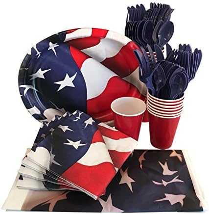 Patriotic Paper Plates and Napkins Serve 24 with Cups, Utensils and Tablecloth (153 Pieces) Picnic Party Supplies with American Flag Design
