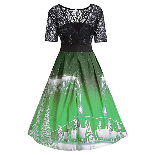 charmsamx Women's Vintage Floral Lace Dress Christmas Short Sleeveless Cocktail Party A-Line Swing Dress 50s Round Neck Pleate Dance Holiday Dress Green,XXL - Thumbnail 2
