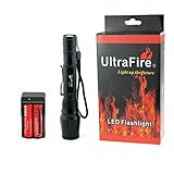 UltraFire LED Flashlight,Ultra Bright Zoomable Focus Adjustable Atomic Beam Flashlight Torch, 1000 lumens, 5-Mode, with Rechargeable 18650 Battery and Charger