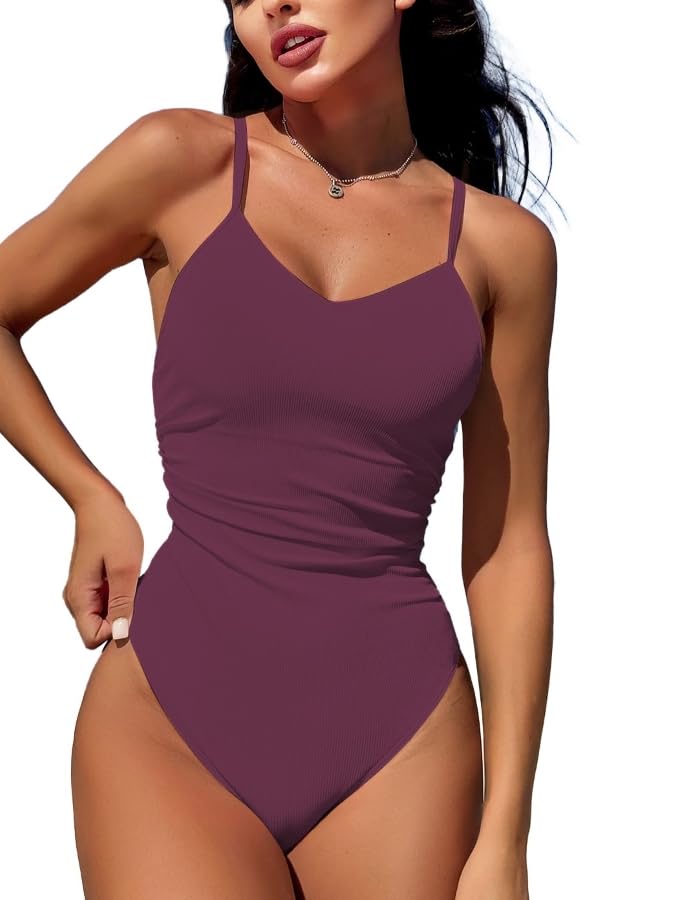 Photo 1 of swimall Women's One Piece Swimsuit Tummy Control Cutout Bathing Suit High Waist Ruched Retro Swimwear with O-Ring - Dark Purple - Medium