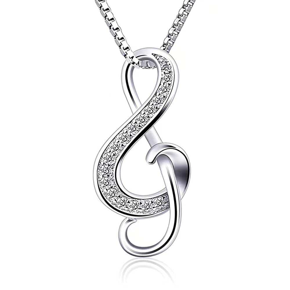 Belons Women Necklace Musical Note, 925 Sterling Silver Cubic Zirconia Treble Clef Music Pendant Necklace, Gift for Girls Women