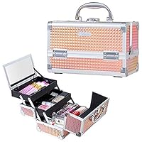 Joligrace Makeup Box Cosmetic Train Case Jewelry Organizer Lockable with Keys and Mirror 2-Tier Tray Portable Carrying with Handle Travel Storage - Orange