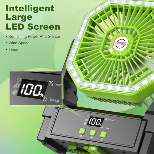 Astarama 10000mAh Solar Fan with 10W Solar Panel and Light, 4 Speed Battery Operated Fan with LED Display, Timer, Hanging Hook and 180° Adjustable Fan