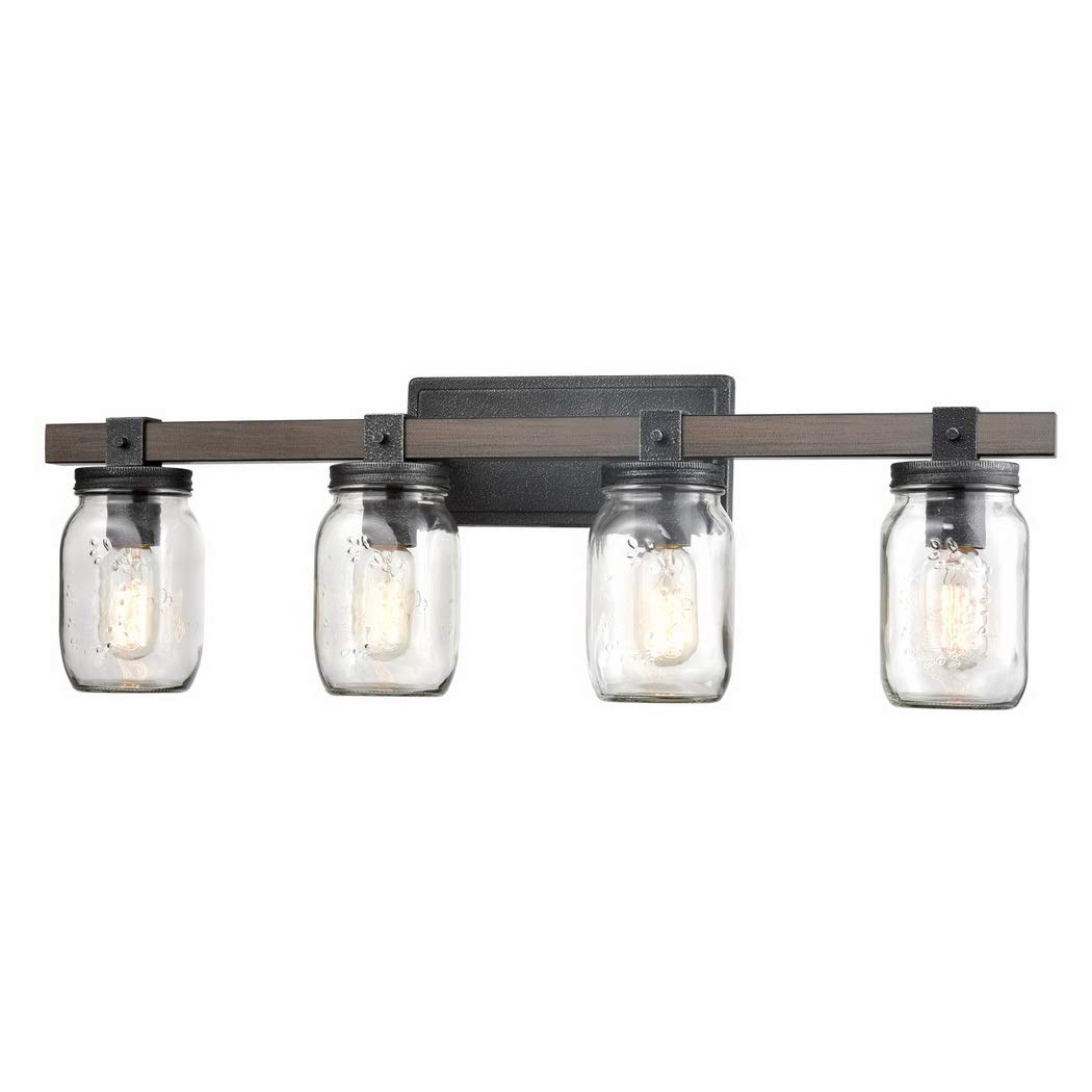 CLAXY Glass Mason Jar Wall Sconces Distressed Wooden & Metal 4 Light Bath Vanity Lights